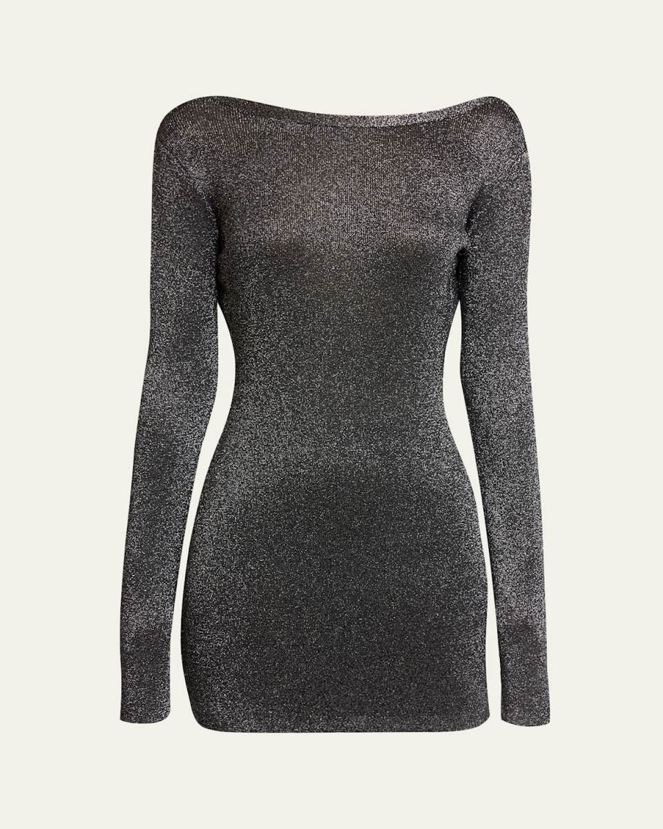 Metallic Knit Long-Sleeve Backless Mini Dress